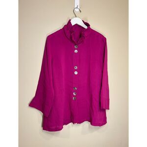 Fridaze Ladies Sz SM Bold Vibrant Pink Button Down Linen Tunic Blouse Artsy Fun